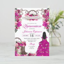 Fuchsia Pink Cowgirl Western Charro Quinceanera Einladung