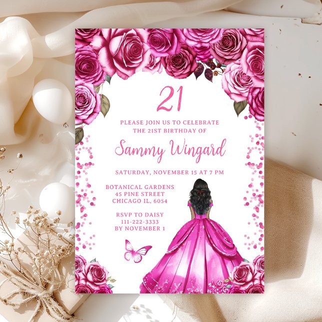 Fuchsia Pink Dark Skin Princess Birthday Party Einladung (Von Creator hochgeladen)