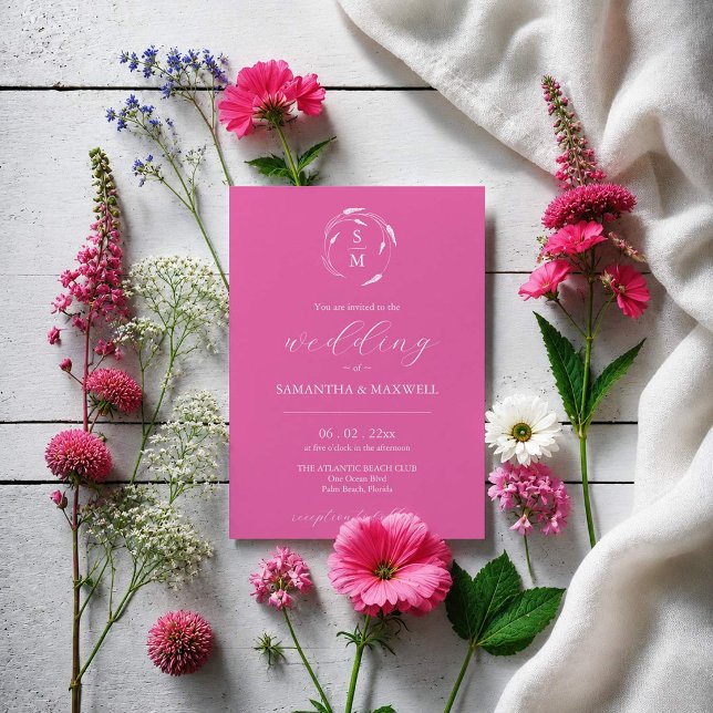 Fuchsia Pink Einladung zur Hochzeit mit QR-Code (Dark pink wedding invitations designed with hand drawn floral line art by Do Tell A Belle)