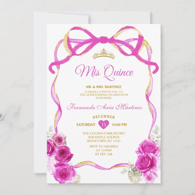 Fuchsia Pink Floral Bow Ribbon Gold Mis Quince Einladung (Vorderseite)