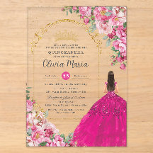 Fuchsia Pink Floral Gold Quinceañera Sweet 16 XV