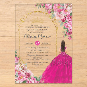 Fuchsia Pink Floral Gold Quinceañera Sweet 16 XV Acryleinladungen