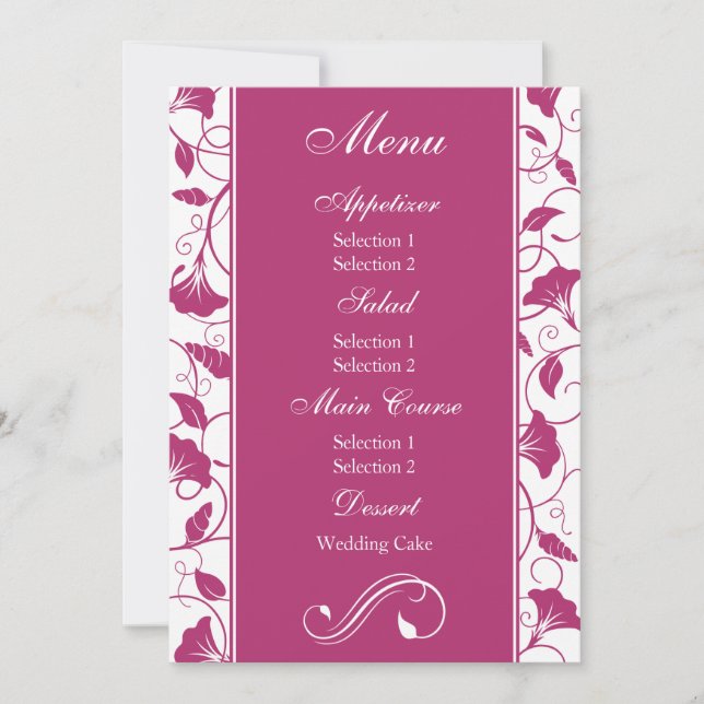 Fuchsia Pink Floral Hochzeitsempfehlung Abendmenü Einladung (Vorderseite)
