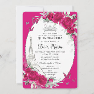 Fuchsia Pink Floral Paris Schmetterlinge Quinceañe Einladung