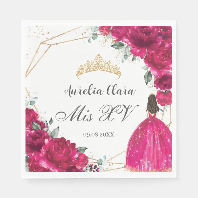Fuchsia Pink Floral Princess Gown Gold Quinceañera Serviette (Vorderseite)