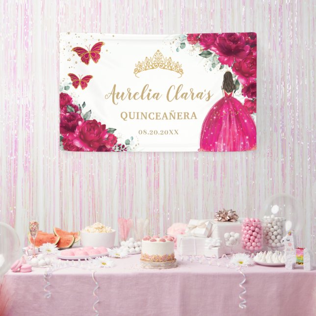Fuchsia Pink Floral Quinceñera Herzlicher Empfang Banner (Party)