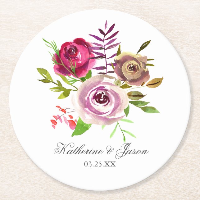 Fuchsia Pink Floral Romantischer Garten Hochzeit Runder Pappuntersetzer (Vorderseite)