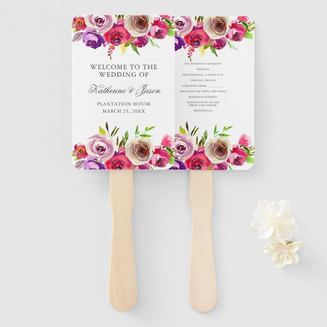 Fuchsia Pink Floral Romantischer Rose Hochzeit Fächer (Vorne und Hinten)
