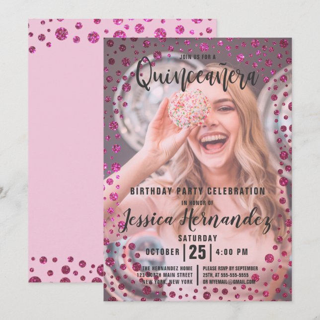 Fuchsia Pink Glitzer Confetti Foto Quinceañera Einladung (Vorne/Hinten)