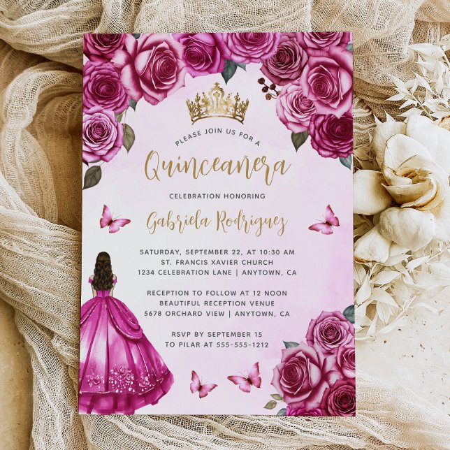 Fuchsia Pink Gold Floral Wasserfarbe Quinceñera Einladung (Von Creator hochgeladen)