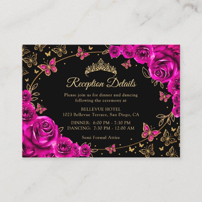 Fuchsia Pink Gold Quinceanera Reception Details Begleitkarte (Vorderseite)