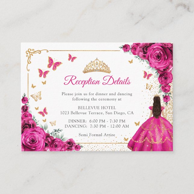 Fuchsia Pink Gold Quinceanera Reception Details Begleitkarte (Vorderseite)