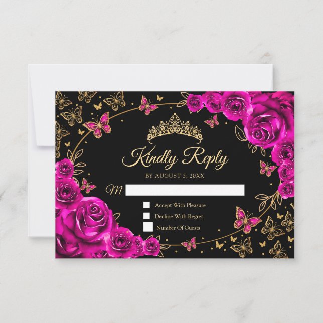Fuchsia Pink Gold Quinceanera Reply RSVP Karte (Vorderseite)