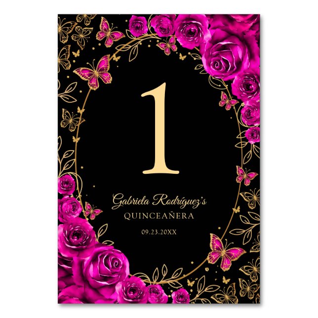 Fuchsia Pink Gold Quinceanera Tischnummer (Vorderseite)