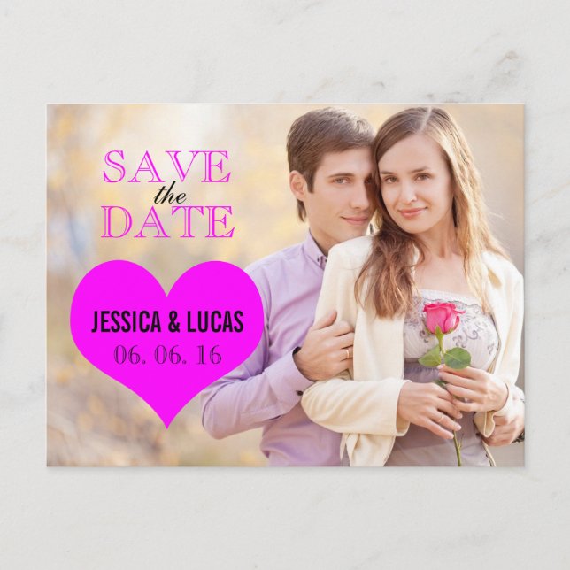 FUCHSIA PINK HEART FOTO SAVE THE DATE ANKÜNDIGUNGSPOSTKARTE (Vorderseite)