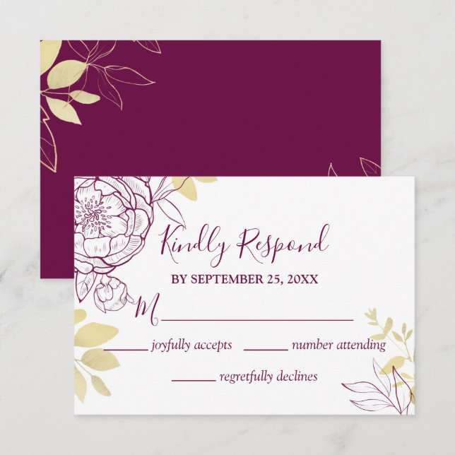 Fuchsia Pink Lila & Gold Peony Floral Wedding RSVP Karte (Vorne/Hinten)