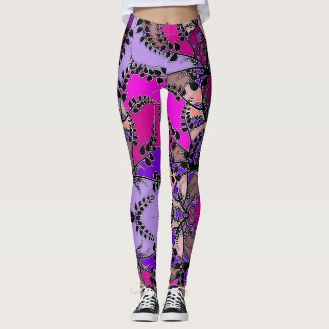 Fuchsia Pink Lila Lavendel Black Blätter Abstrakt Leggings (Vorderseite)