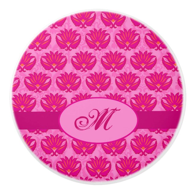 Fuchsia Pink Moderne Jugendstildamaske Monogramm Keramikknauf (Vorderseite)