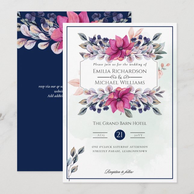 Fuchsia Pink Navy Blue Floral Chic Hochzeit Einladung (Vorne/Hinten)