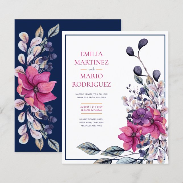 Fuchsia Pink Navy Blue Floral Wedding (Vorne/Hinten)