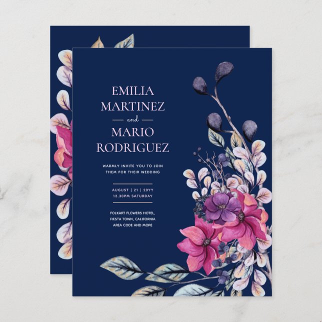 Fuchsia Pink Navy Blue Floral Wedding Budget (Vorne/Hinten)
