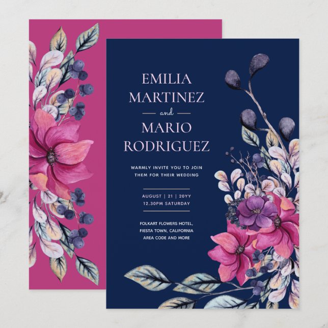 Fuchsia Pink Navy Blue Floral Wedding Budget Einladung (Vorne/Hinten)