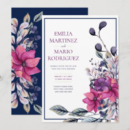 Fuchsia Pink Navy Blue Floral Wedding Einladung