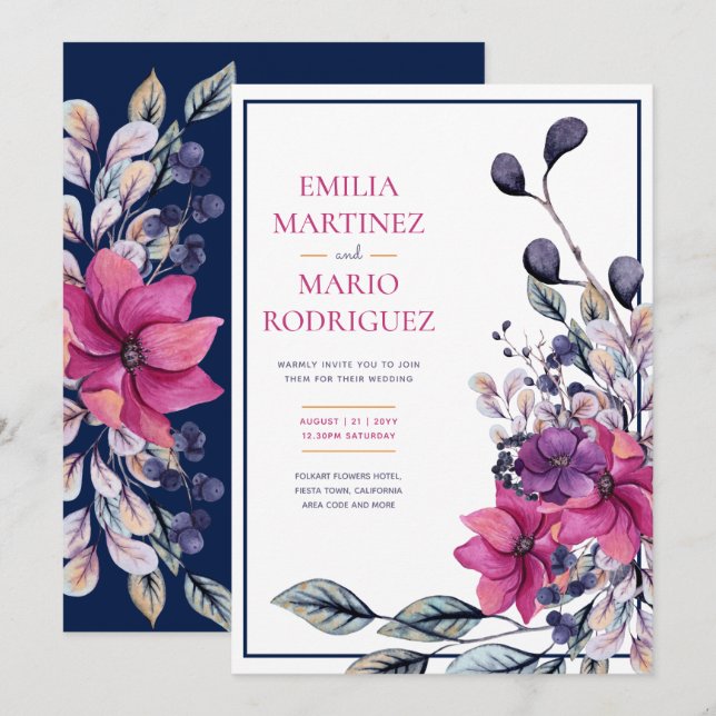 Fuchsia Pink Navy Blue Floral Wedding Einladung (Vorne/Hinten)