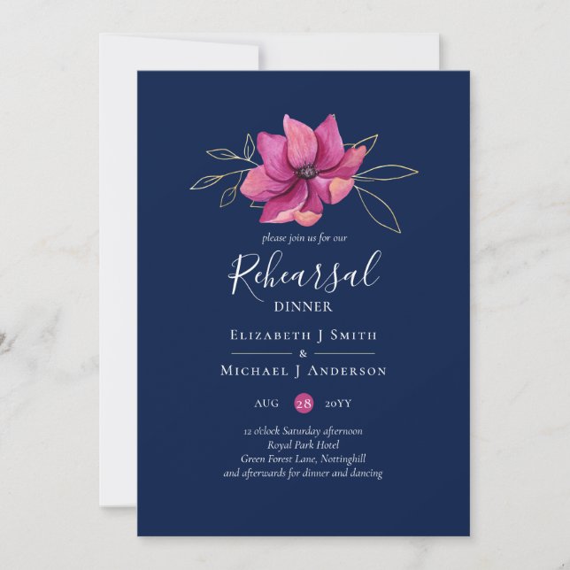 Fuchsia Pink Navy Blue Probe Dinner Einladung (Vorderseite)