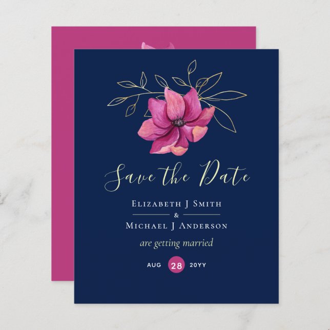 Fuchsia Pink Navy Blue Wedding Rett Date (Vorne/Hinten)