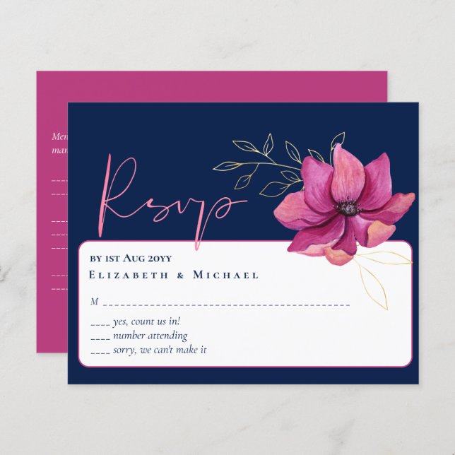 Fuchsia Pink Navy Blue Wedding RSVP (Vorne/Hinten)