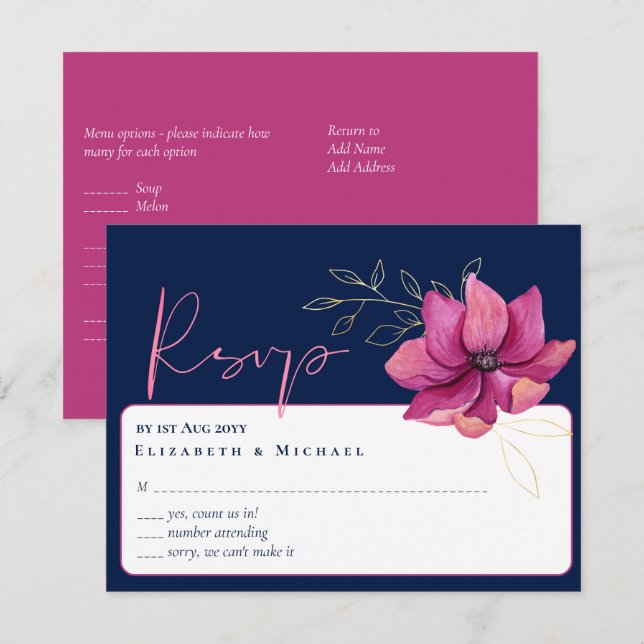 Fuchsia Pink Navy Blue Wedding RSVP Einladung (Vorne/Hinten)