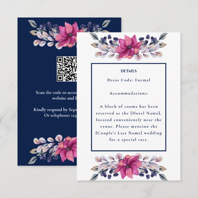 Fuchsia Pink Navy Details Umschließung QR Code UAW RSVP Karte (Vorne/Hinten)