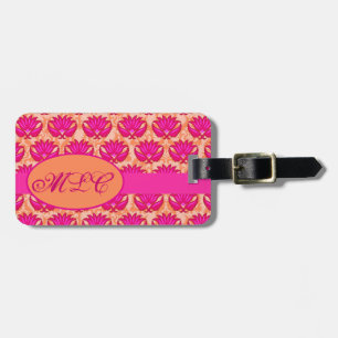Fuchsia Pink Orange Art Nouveau Damask Monogramm Gepäckanhänger