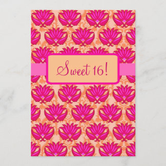 Fuchsia Pink Orange Damask Sweet 16 Birthday Party Einladung