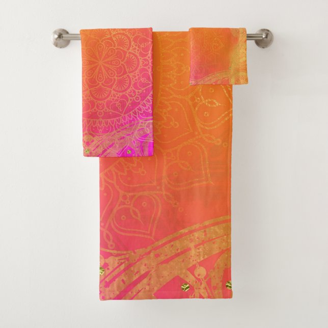 Fuchsia Pink Orange & Gold Indian Mandala Glam Badhandtuch Set (Insitu)