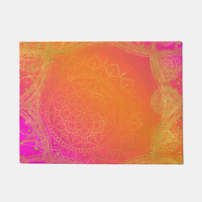 Fuchsia Pink Orange & Gold Indian Mandala Glam Fußmatte (Vorderseite)