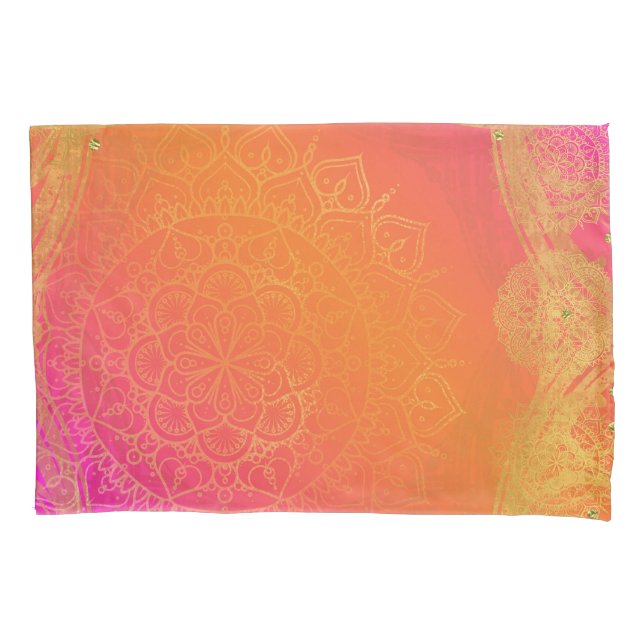 Fuchsia Pink Orange & Gold Indian Mandala Glam Kissenbezug (Vorderseite)