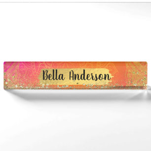 Fuchsia Pink Orange & Gold Indian Mandala Glam Namensplakette