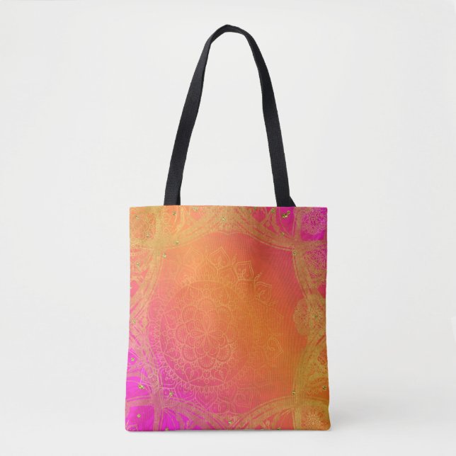 Fuchsia Pink Orange & Gold Indian Mandala Glam Tasche (Vorderseite)