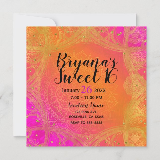 Fuchsia Pink Orange & Gold Indian Mandala Party Einladung (Vorderseite)