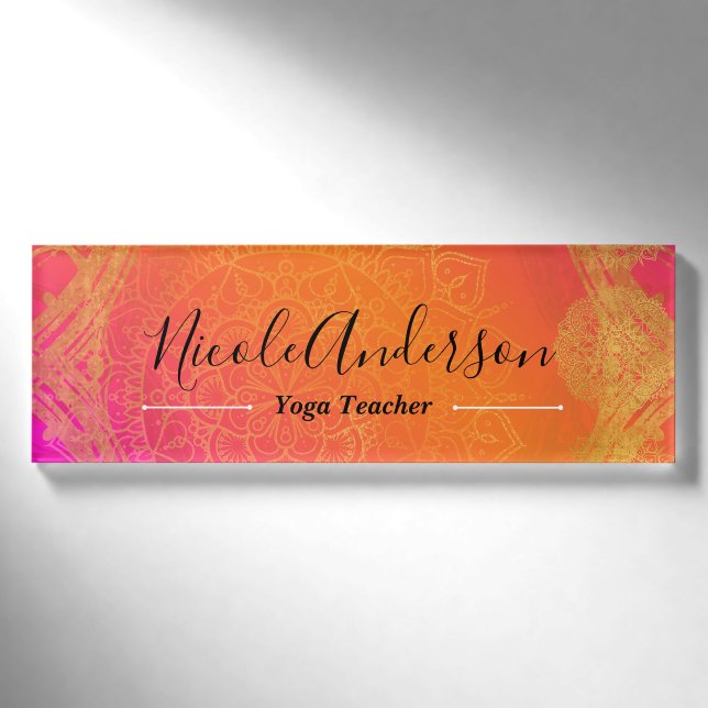 Fuchsia Pink Orange Gold Indian Mandala Wedding Namenschild (Vorderseite)