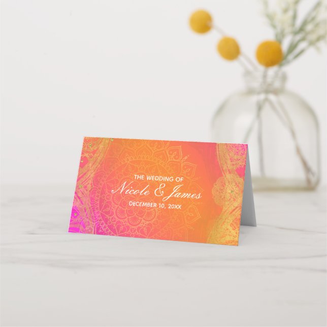 Fuchsia Pink Orange Gold Indian Mandala Wedding Platzkarte (Vorderseite)