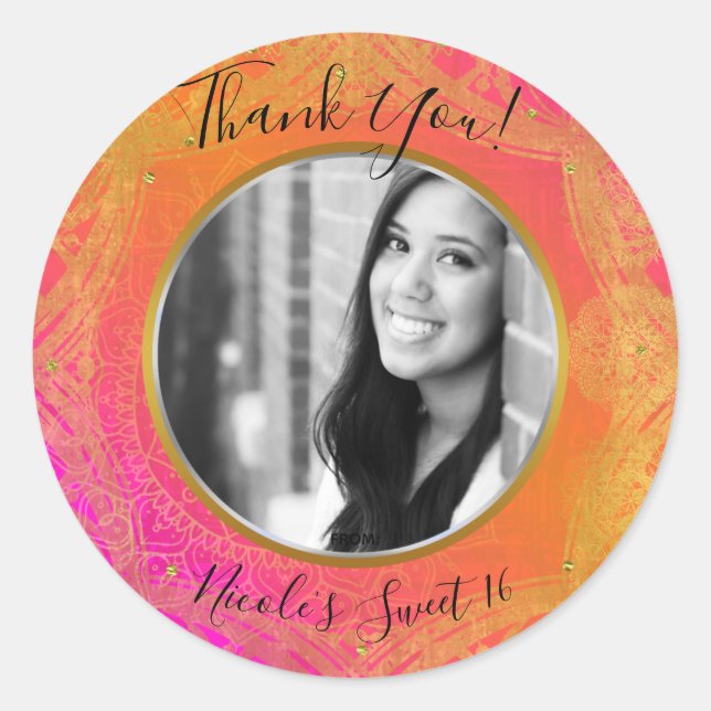 Fuchsia Pink Orange Gold Mandala FOTO Party Runder Aufkleber (Vorderseite)