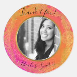 Fuchsia Pink Orange Gold Mandala PHOTO-Party Runder Aufkleber