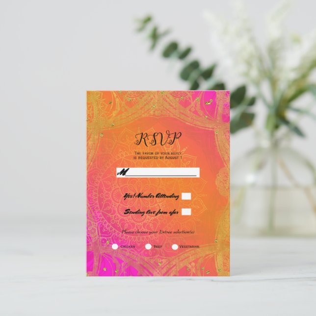 Fuchsia Pink Orange Gold Mandala Wedding RSVP Einladung (Stehend Vorderseite)