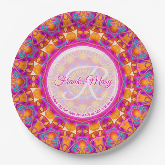 Fuchsia Pink Orange Party Mandala Monogram Pappteller (Vorderseite)