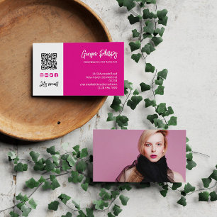 Fuchsia Pink QR Foto Social Media Icons Visitenkarte