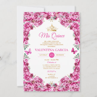 Fuchsia Pink Quinceañera 15 Anos Floral Gold Crown Einladung