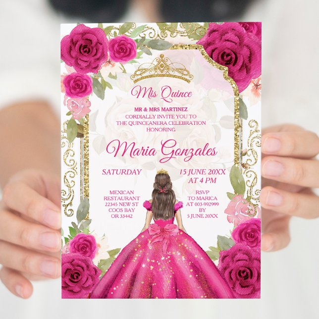 Fuchsia Pink Rose & Dress Charra Mis XV Anos Einladung (Von Creator hochgeladen)